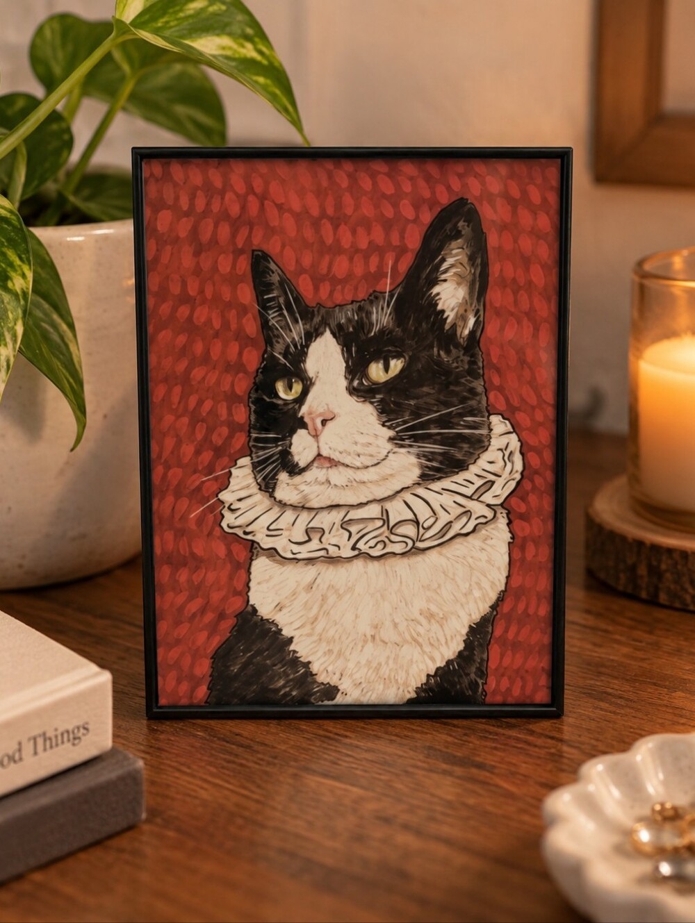 Cat Portrait Wall Art - Black & White Cat on Red Background 5x7 Comes Framed.